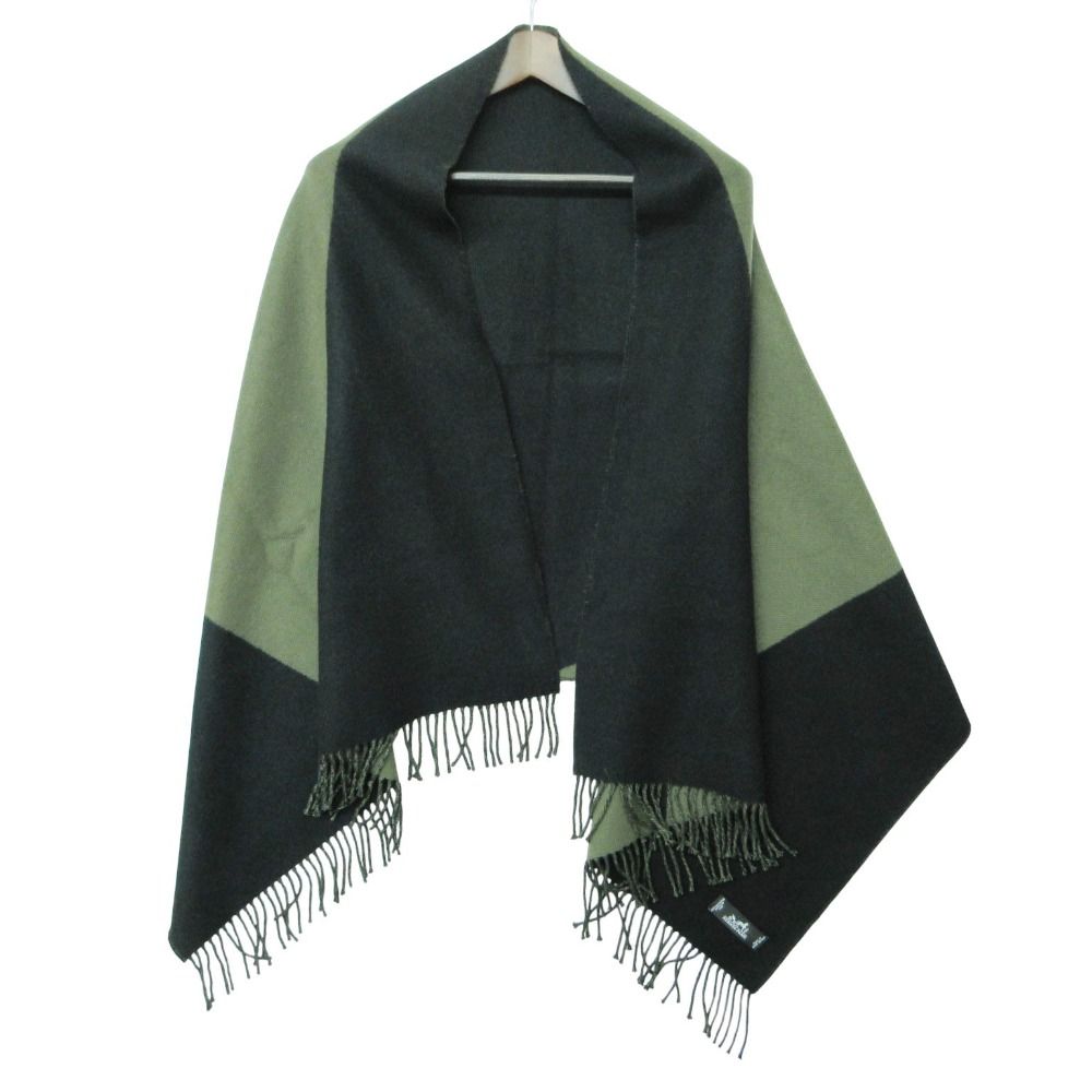 Hermes Scarf Cashmere Large Shawl Fringe Bicolor Black