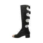 Chanel Long Boots Back Belt Bicolor Cap Toe Knee High Shoes Black