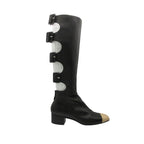 Chanel Long Boots Back Belt Bicolor Cap Toe Knee High Shoes Black — view 2