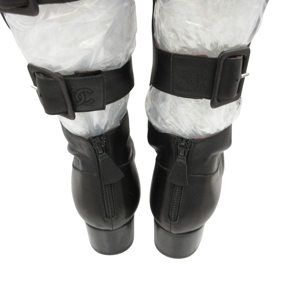 Chanel Long Boots Back Belt Bicolor Cap Toe Knee High Shoes Black — view 6