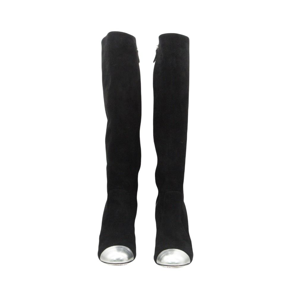 Chanel Long Boots Knee High Wedge Sole Suede CC Logo Cap Toe Shoes Black — view 3