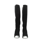 Chanel Long Boots Knee High Wedge Sole Suede CC Logo Cap Toe Shoes Black — view 3