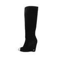 Chanel Long Boots Knee High Wedge Sole Suede CC Logo Cap Toe Shoes Black