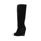 Chanel Long Boots Knee High Wedge Sole Suede CC Logo Cap Toe Shoes Black