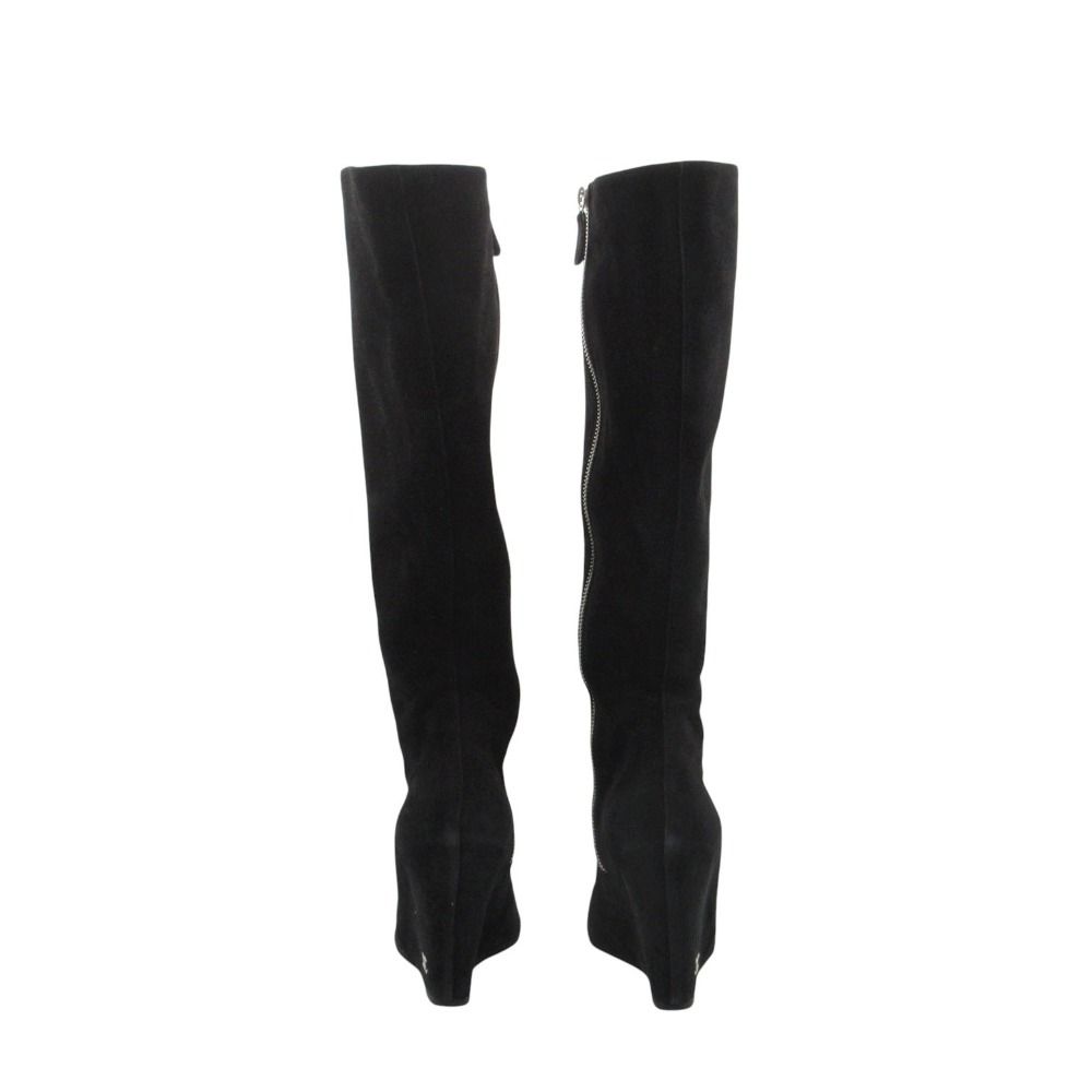 Chanel Long Boots Knee High Wedge Sole Suede CC Logo Cap Toe Shoes Black — view 4