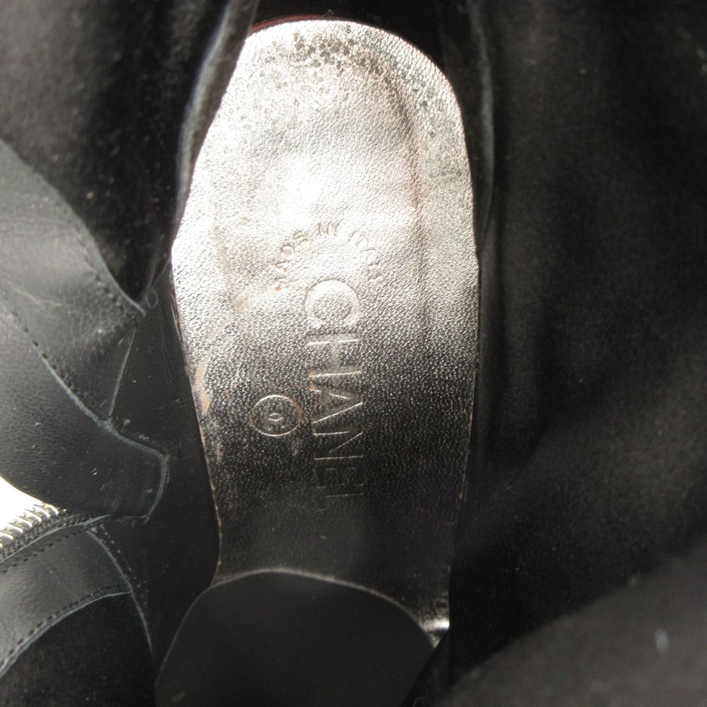 Chanel Long Boots Knee High Wedge Sole Suede CC Logo Cap Toe Shoes Black — view 6