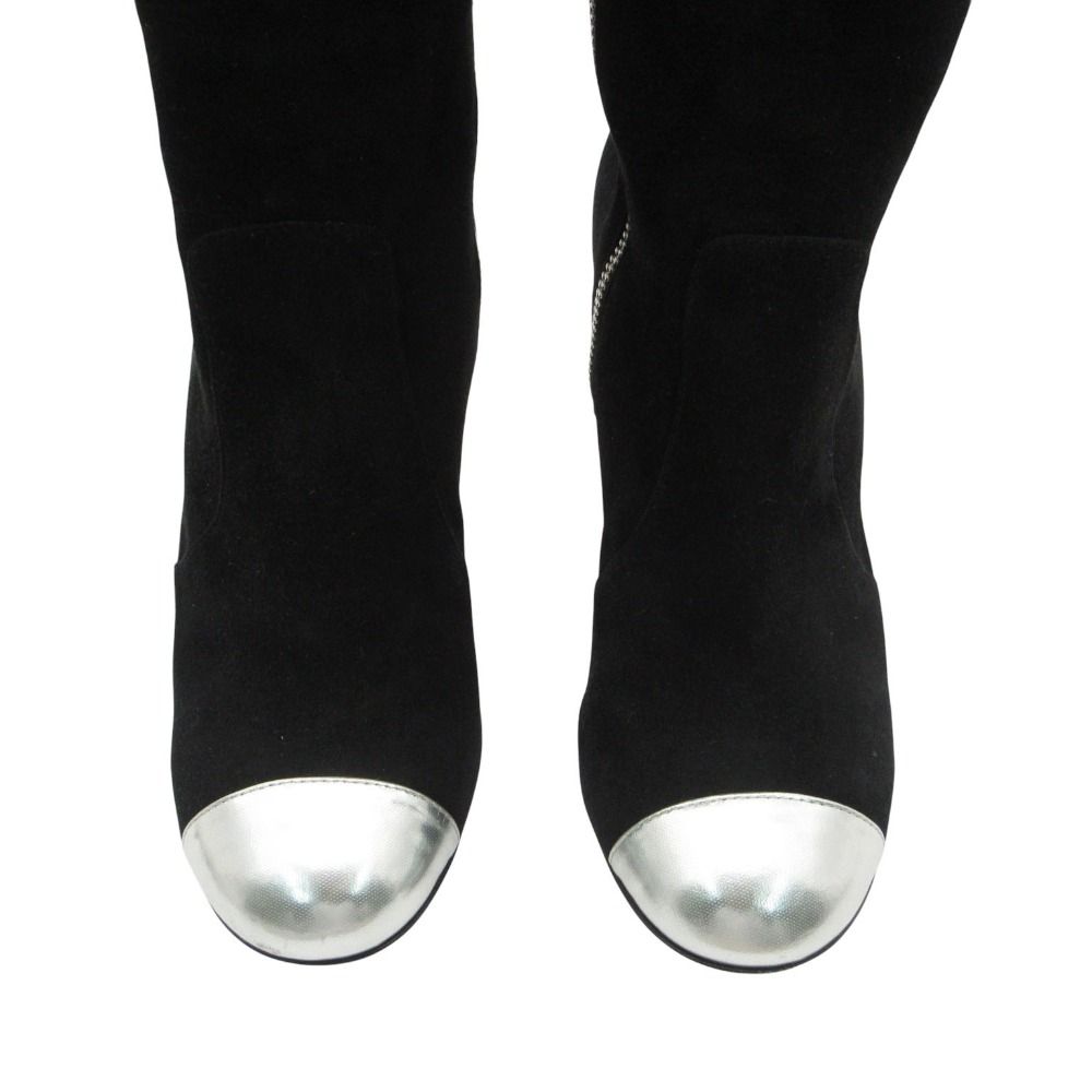 Chanel Long Boots Knee High Wedge Sole Suede CC Logo Cap Toe Shoes Black — view 5