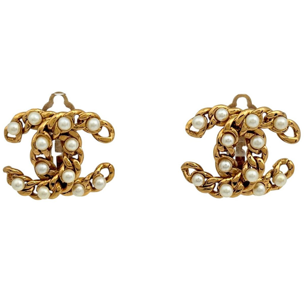 Chanel CC Logo Faux Pearl Earrings Gold Plated