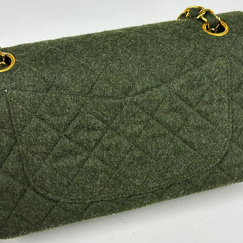 Chanel Quilted Double Flap Chain Shoulder Bag CC Logo Fabric Dark Green — view 4
