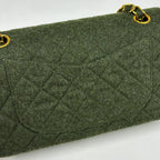 Chanel Quilted Double Flap Chain Shoulder Bag CC Logo Fabric Dark Green — view 4