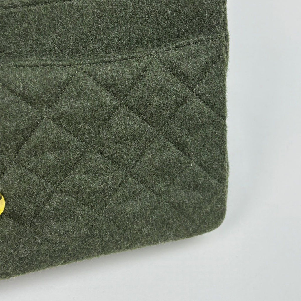 Chanel Quilted Double Flap Chain Shoulder Bag CC Logo Fabric Dark Green — view 7