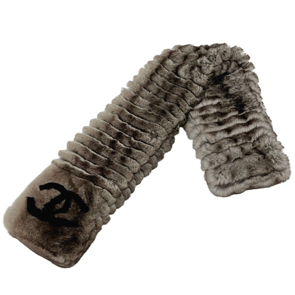 Chanel CC Logo Shawl Scarf Rabbit Fur Ori Rug Cashmere Brown White