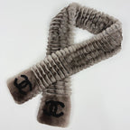 Chanel CC Logo Shawl Scarf Rabbit Fur Ori Rug Cashmere Brown White — view 3