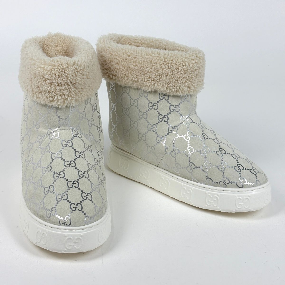 Gucci GG Pattern Snow Boots Merino Wool Shoes Suede Shearling White — view 7