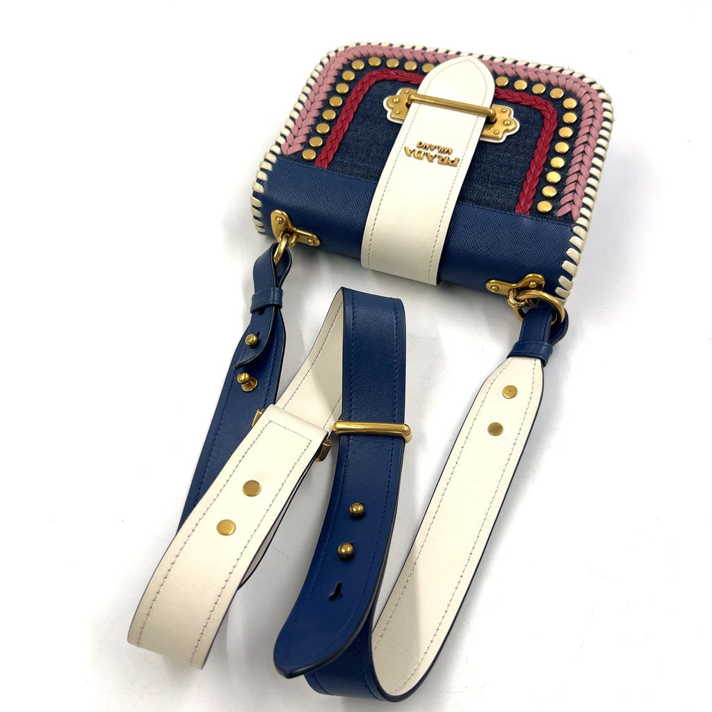 Prada Cahier Leather Navy White Shoulder Bag Gold — view 6