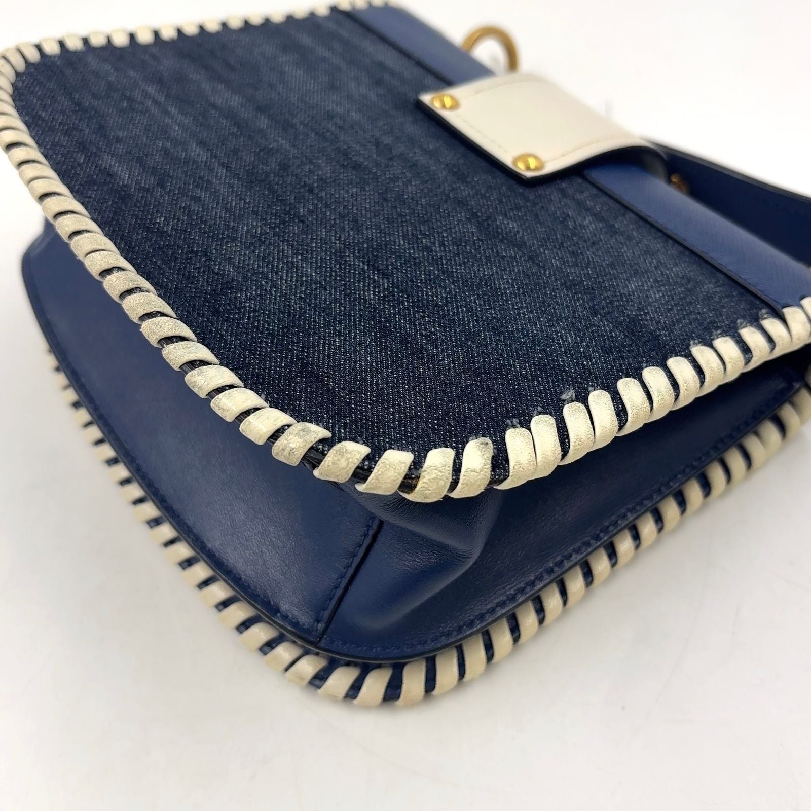Prada Cahier Leather Navy White Shoulder Bag Gold — view 9
