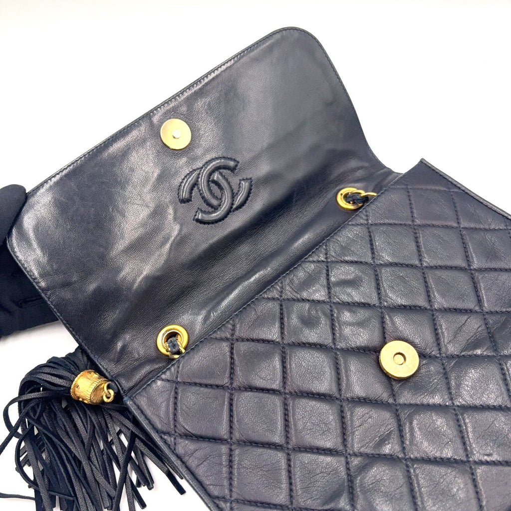 Chanel Quilted Fringe Lambskin Black Chain Shoulder Bag Gold — view 8