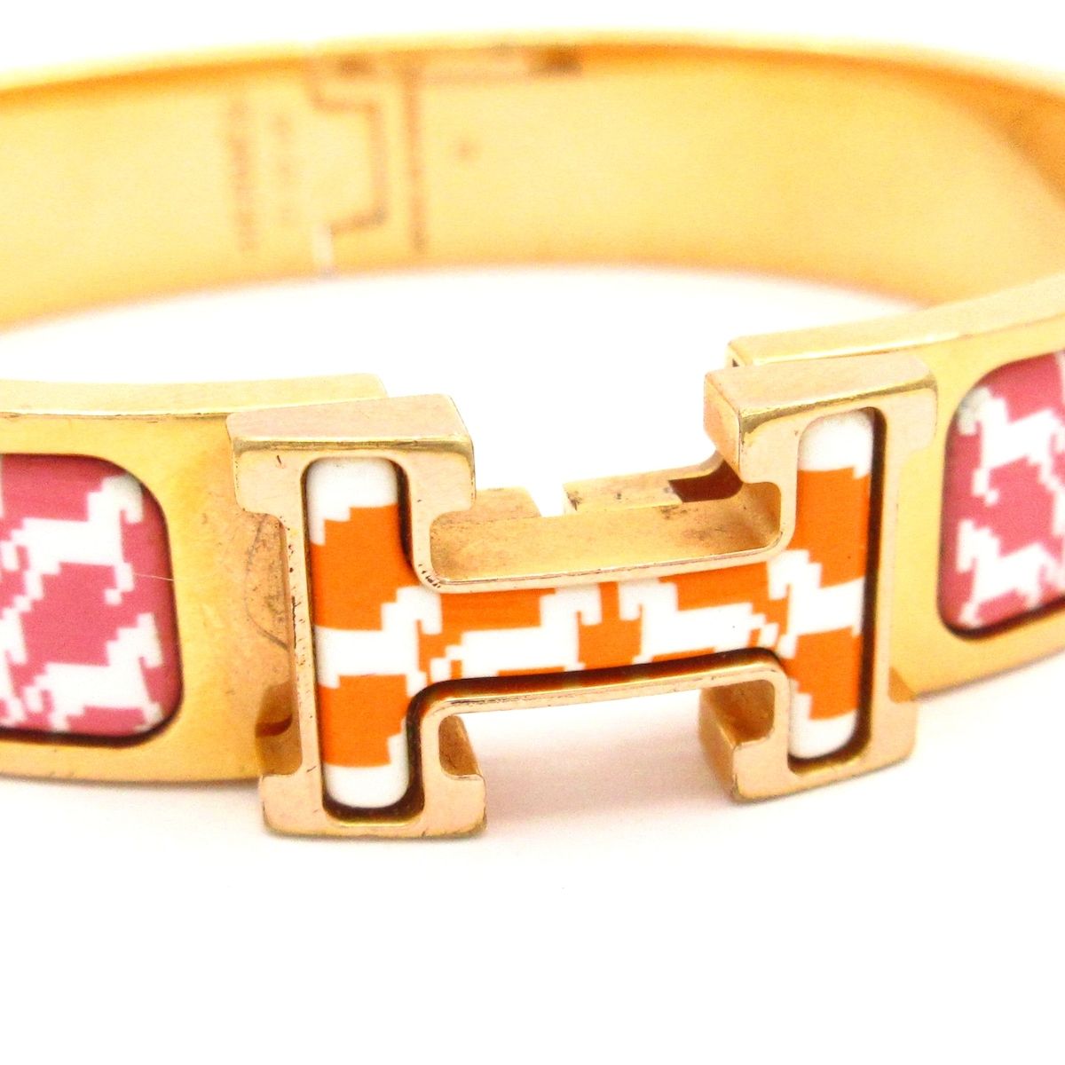 Hermes Bangle Click Gold White Pink Orange Houndstooth Bracelet — view 5