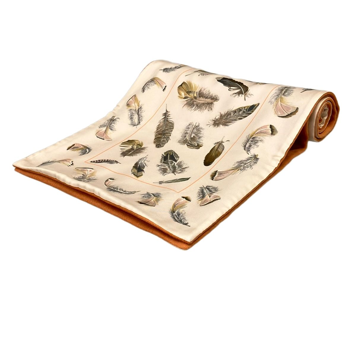 Hermes Scarf Ivory Orange Multi Feather Pattern Angora Silk