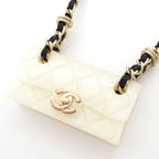Chanel Necklace Quilted Leather White Gold Black