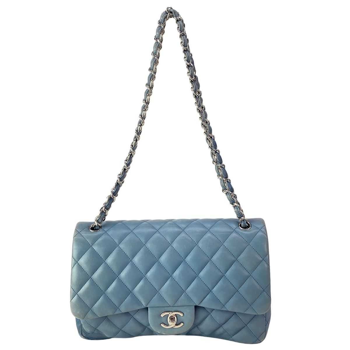 Chanel Shoulder Bag Deca Quilted Blue Silver Chain Lambskin