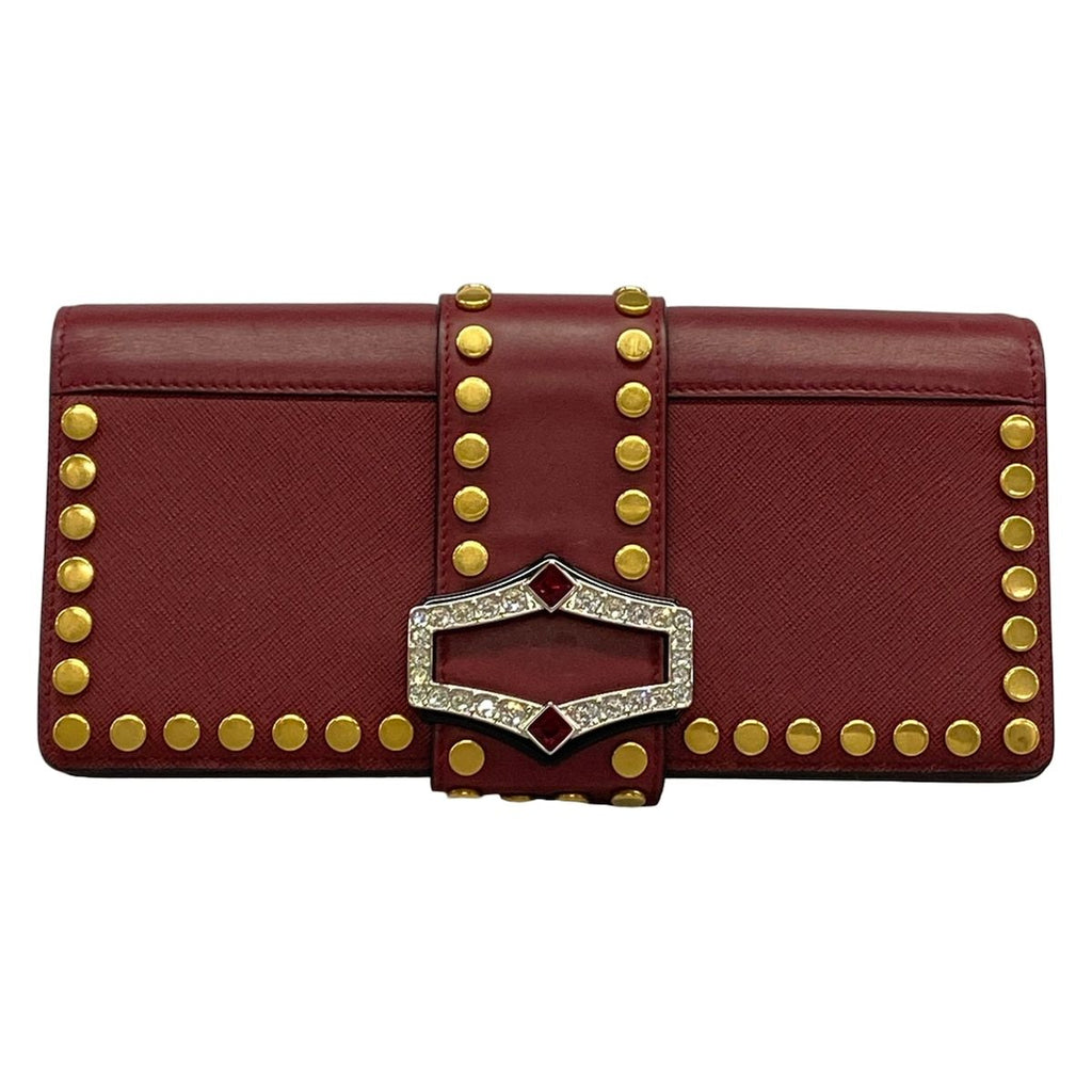 Prada Clutch Bordeaux Gold Studs Rhinestone