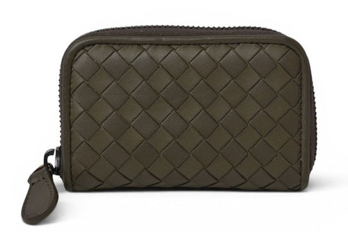 Bottega Veneta Card Case Coin Mini Wallet Intrecciato Leather Khaki Gray