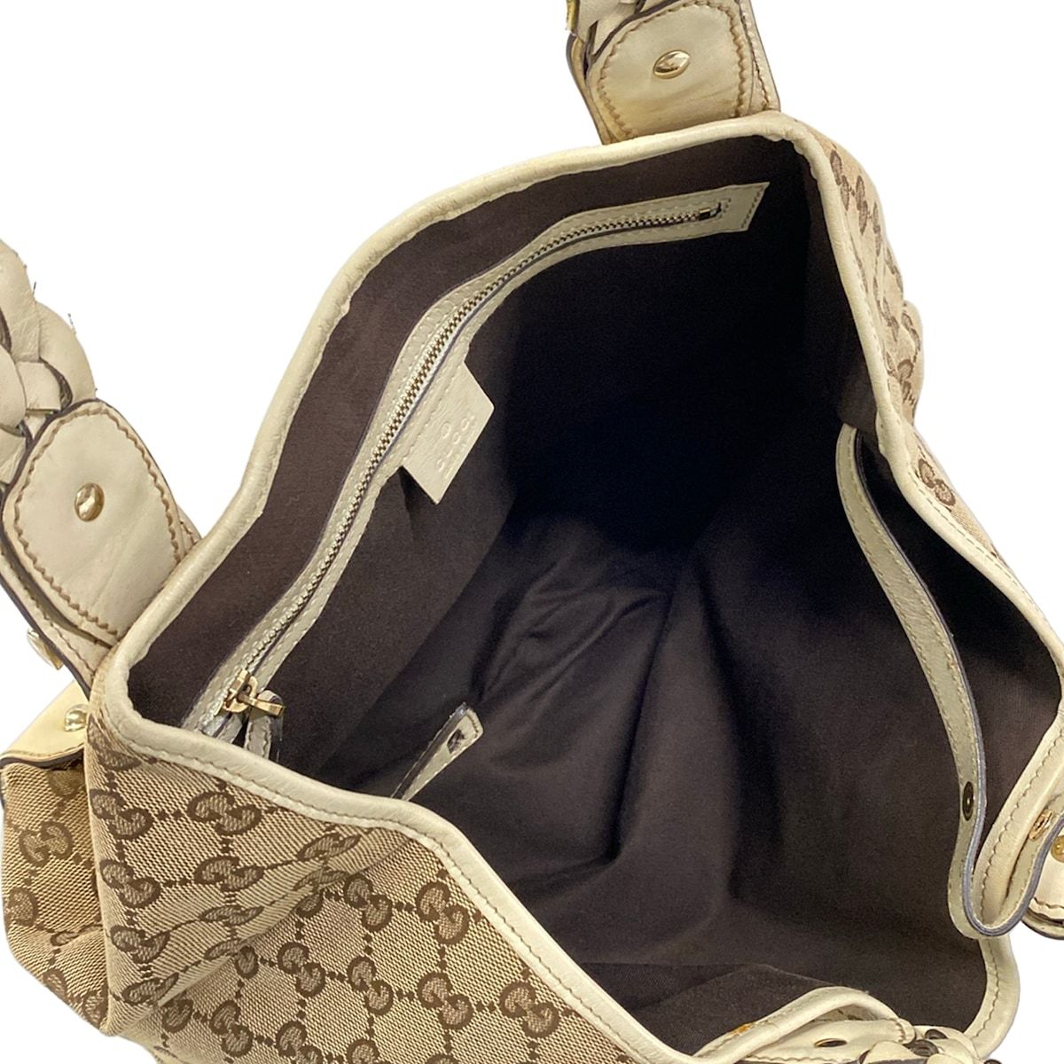 Gucci Tote GG Pattern Horsebit Dark Brown Beige Ivory Leather — view 7