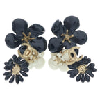 Chanel CC Logo Flower Earrings Black Gold