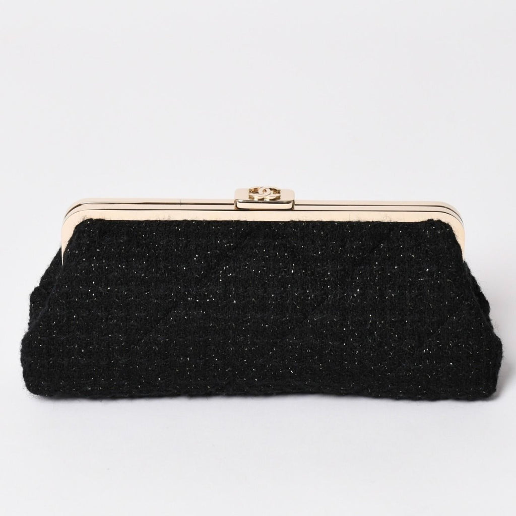 Chanel Clutch Pouch CC Logo Tweed Kiss Lock Black Gold