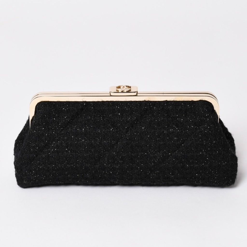 Chanel Clutch Pouch CC Logo Tweed Kiss Lock Black Gold — view 2