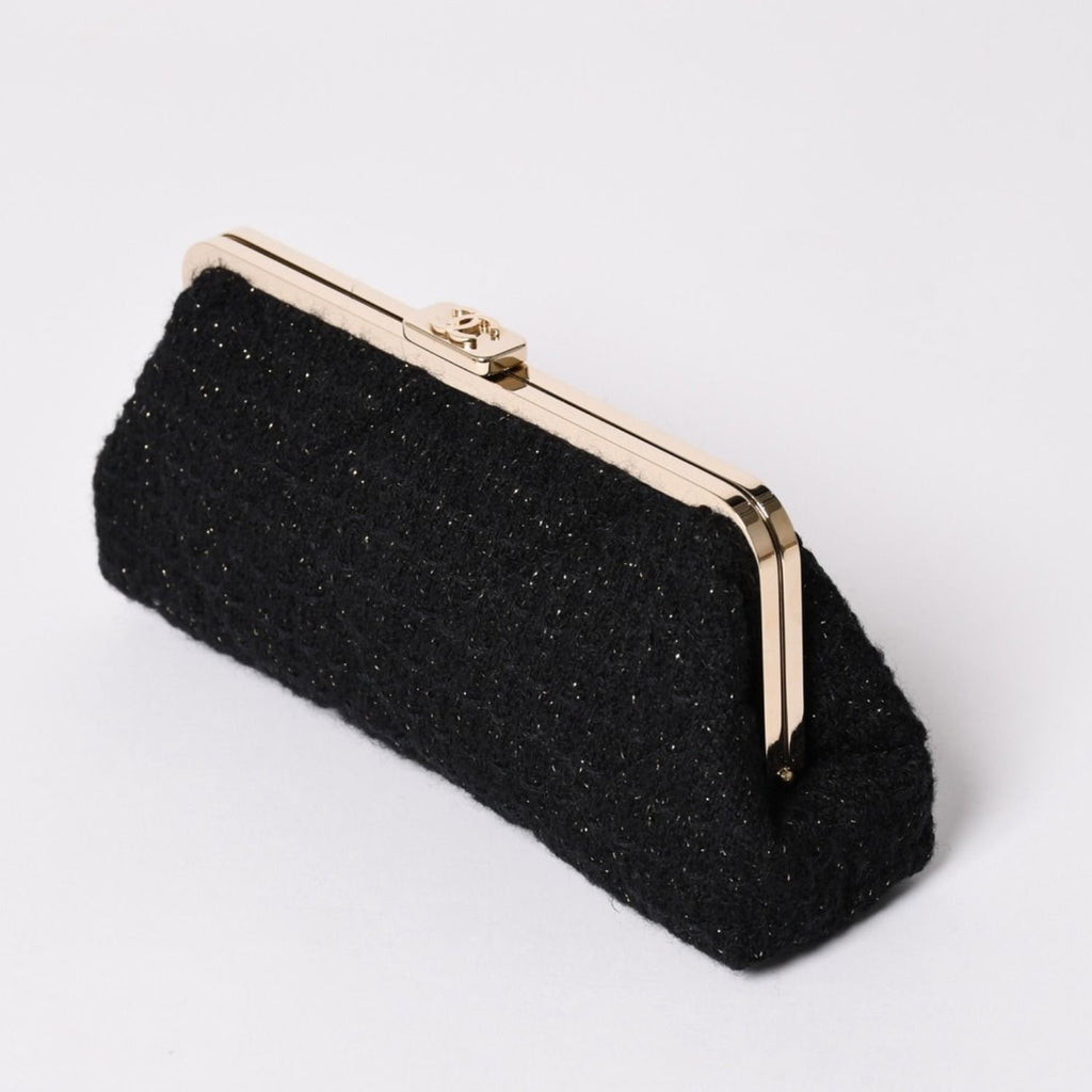 Chanel Clutch Pouch CC Logo Tweed Kiss Lock Black Gold — view 4