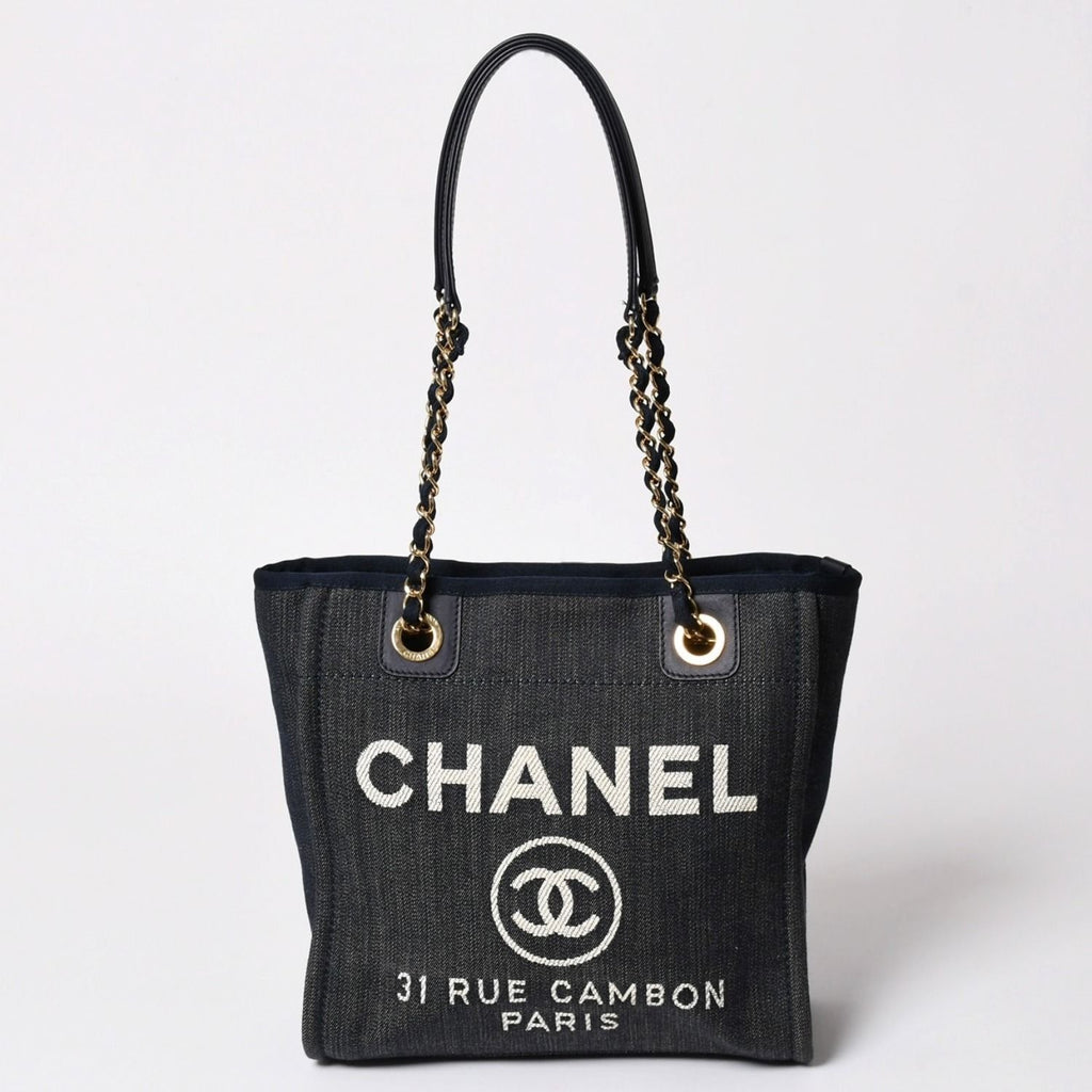 Chanel Deauville PM Chain Tote Shoulder Bag Denim Canvas CC Logo Navy Gold