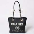 Chanel Deauville PM Chain Tote Shoulder Bag Denim Canvas CC Logo Navy Gold