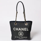 Chanel Deauville PM Chain Tote Shoulder Bag Denim Canvas CC Logo Navy Gold