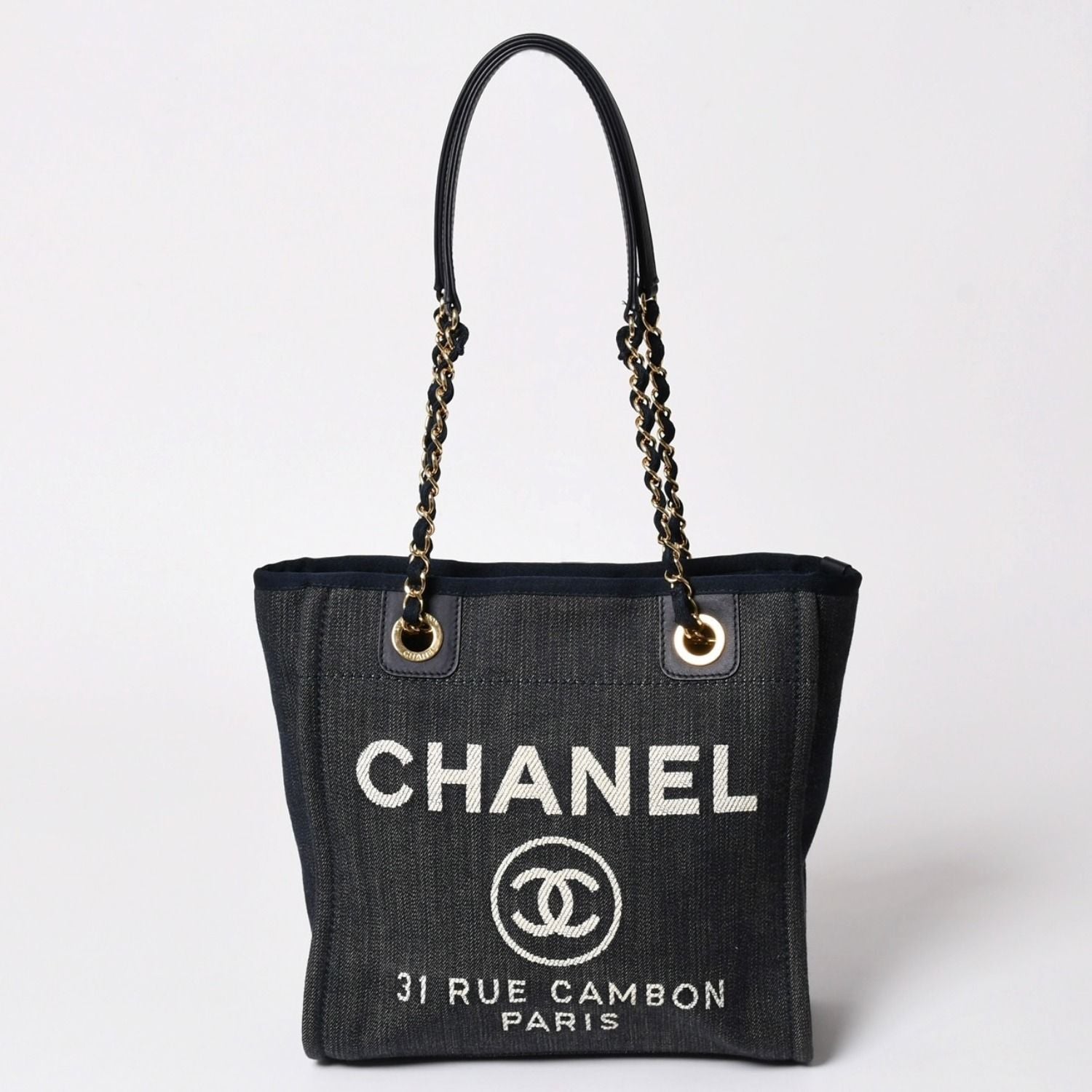 Chanel Deauville PM Chain Tote Shoulder Bag Denim Canvas CC Logo Navy Gold