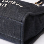 Chanel Deauville PM Chain Tote Shoulder Bag Denim Canvas CC Logo Navy Gold — view 8