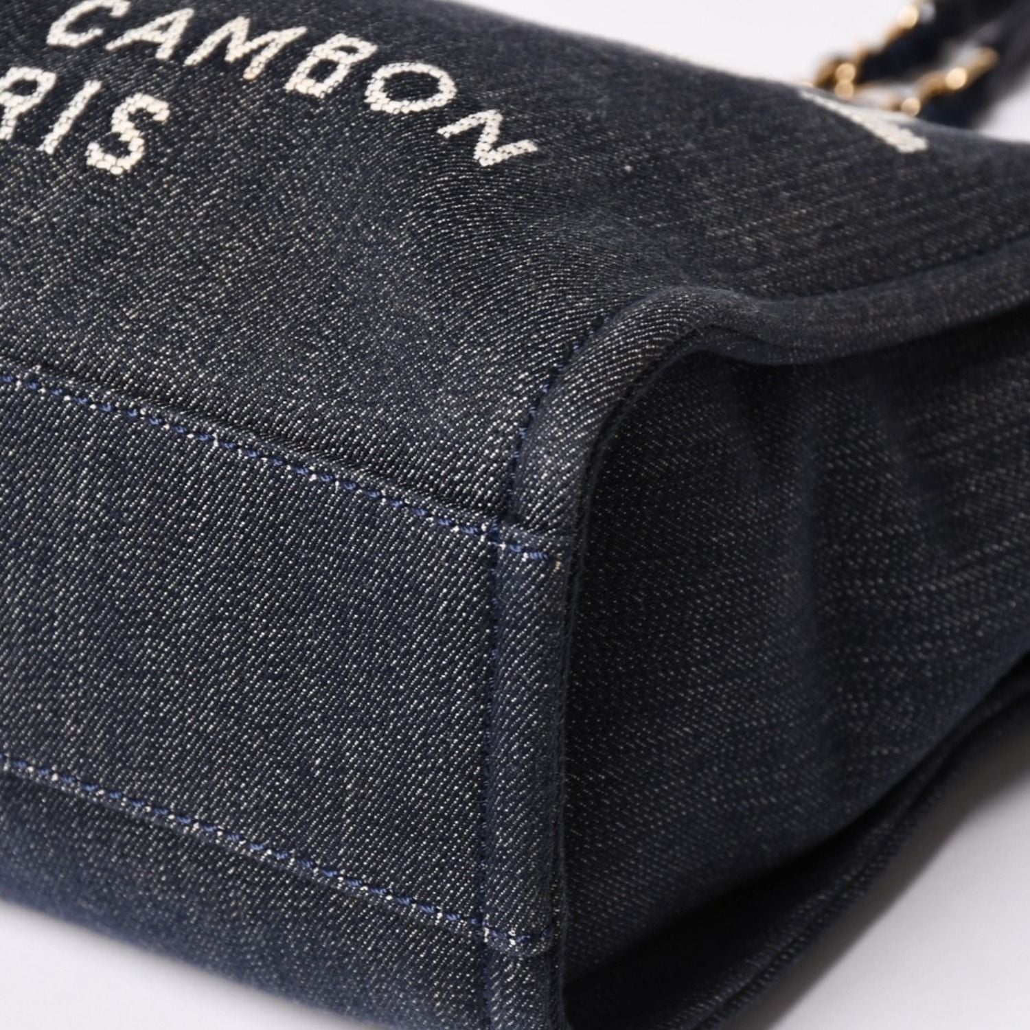Chanel Deauville PM Chain Tote Shoulder Bag Denim Canvas CC Logo Navy Gold — view 8