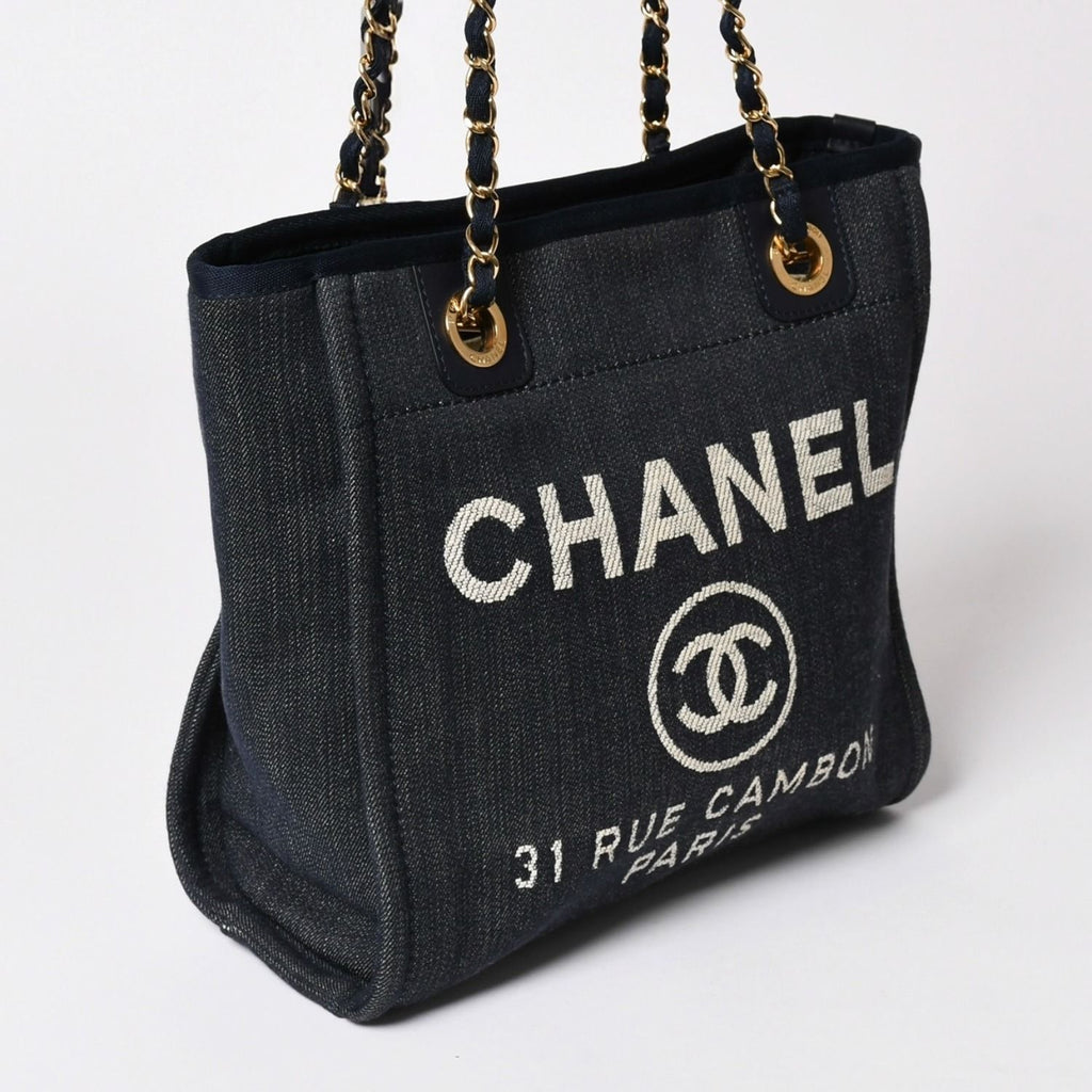 Chanel Deauville PM Chain Tote Shoulder Bag Denim Canvas CC Logo Navy Gold — view 3