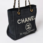 Chanel Deauville PM Chain Tote Shoulder Bag Denim Canvas CC Logo Navy Gold — view 3