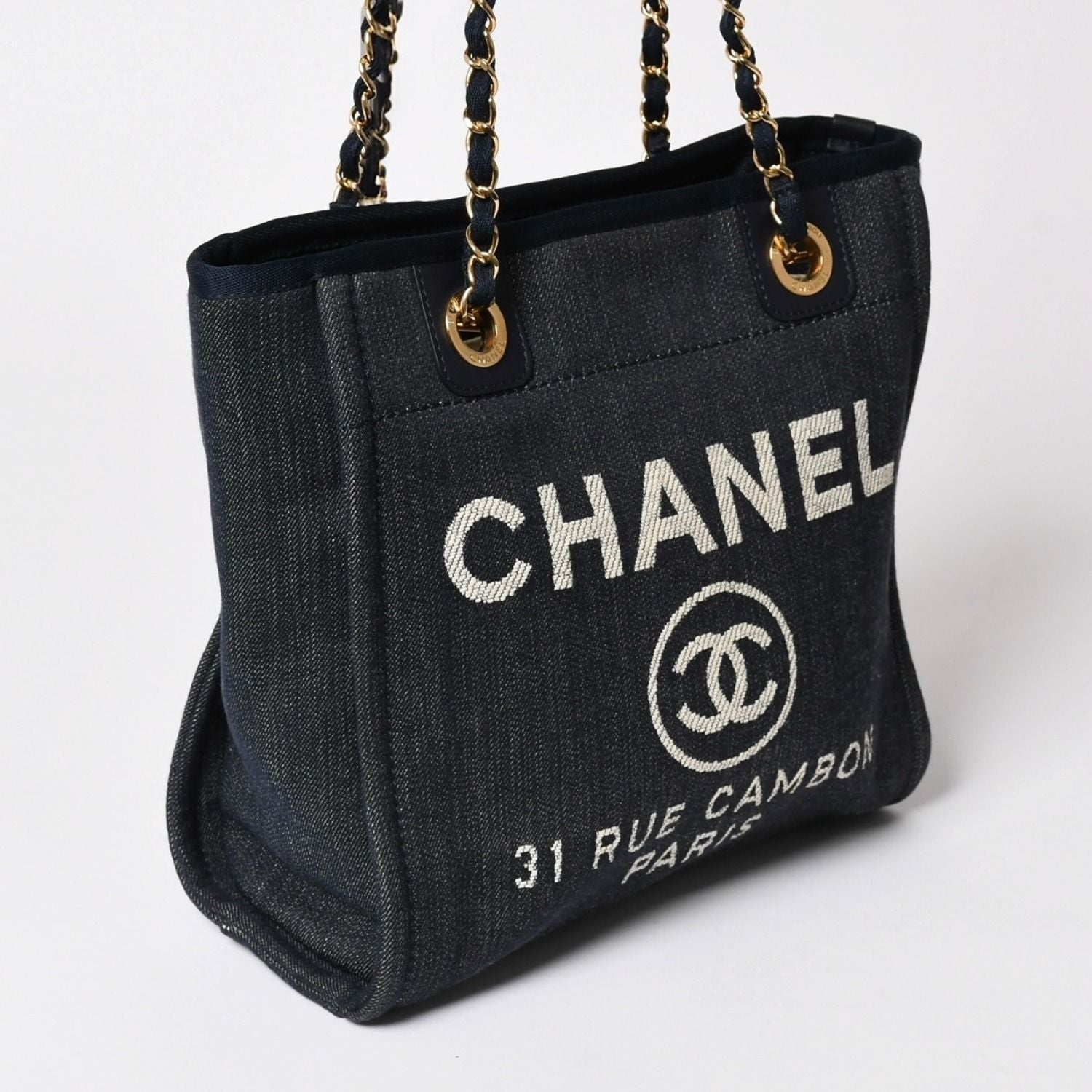 Chanel Deauville PM Chain Tote Shoulder Bag Denim Canvas CC Logo Navy Gold — view 3