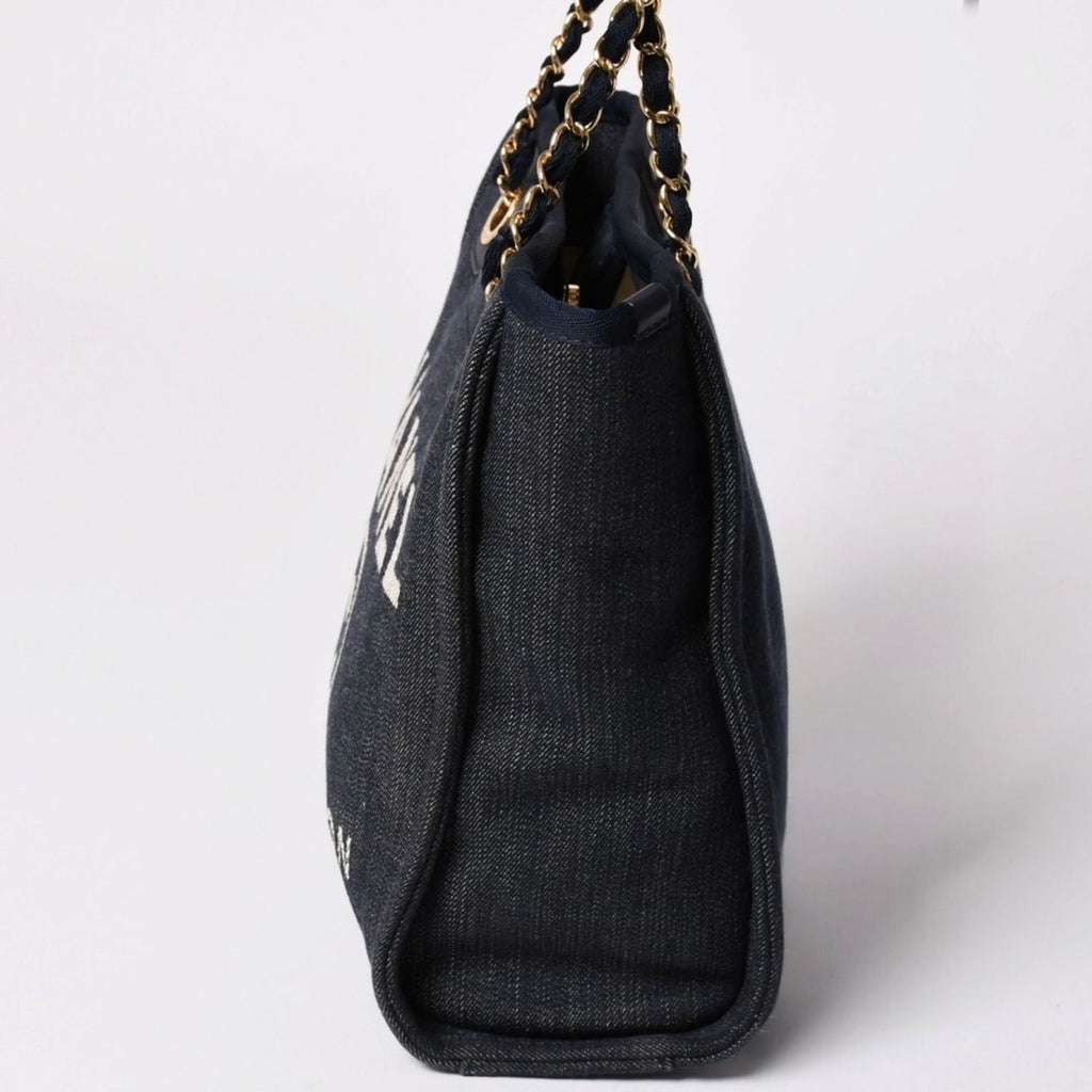 Chanel Deauville PM Chain Tote Shoulder Bag Denim Canvas CC Logo Navy Gold — view 4