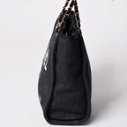 Chanel Deauville PM Chain Tote Shoulder Bag Denim Canvas CC Logo Navy Gold — view 4