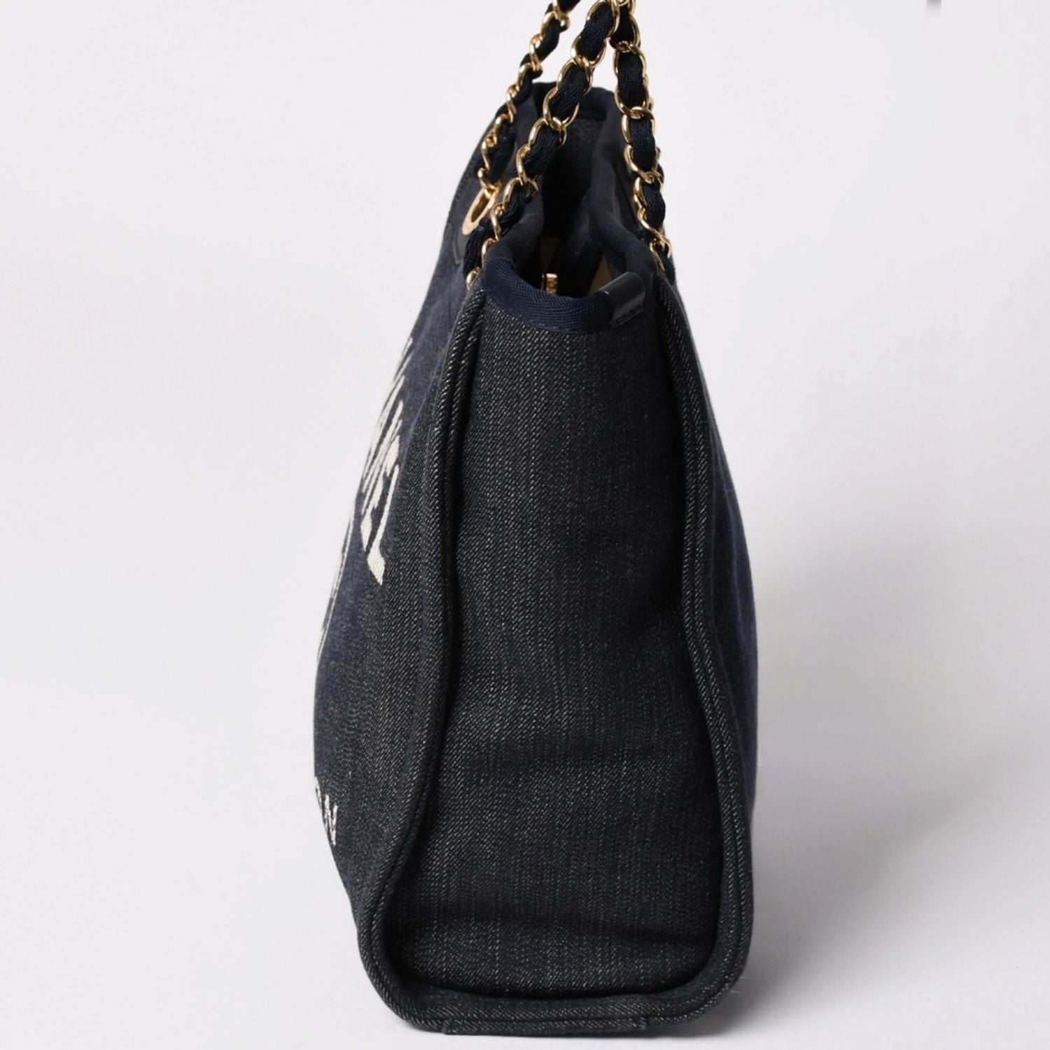 Chanel Deauville PM Chain Tote Shoulder Bag Denim Canvas CC Logo Navy Gold — view 4