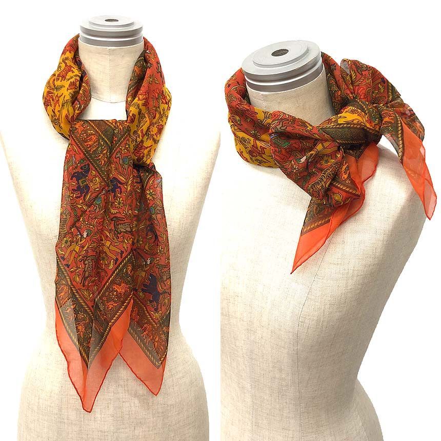 Hermes Scarf Carre 90 Chasse en Inde Indian Hunting Silk Muslin Chiffon Orange — view 2