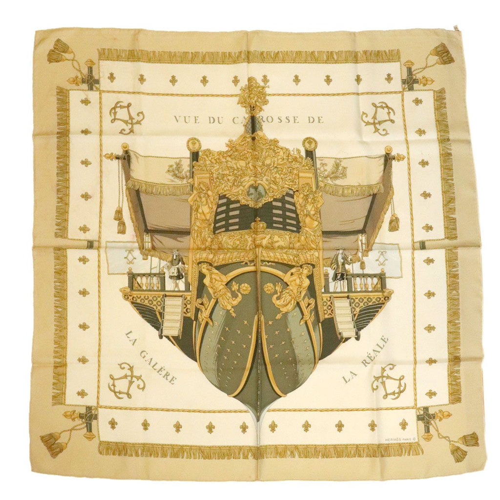 Hermes Carre 90 Scarf Vue du Carosse de Queen's Coronation Silk Beige