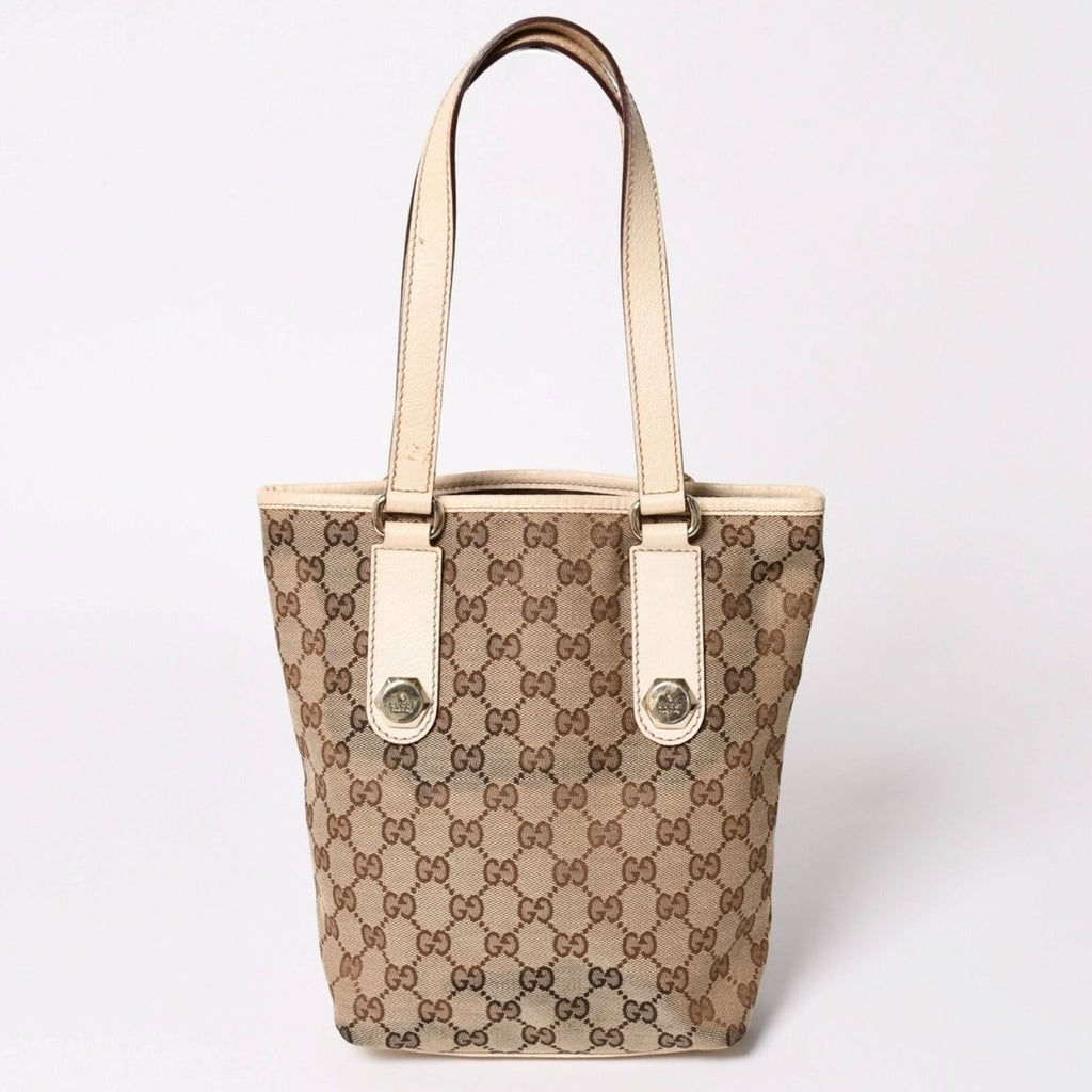 Gucci GG Canvas Tote Shoulder Bag Bucket Shape Leather Ivory Beige