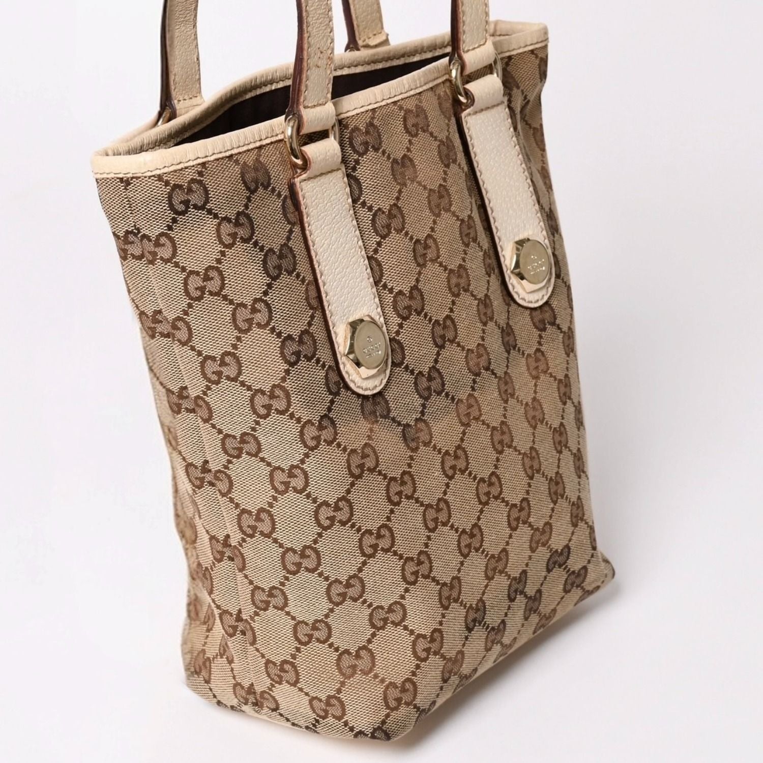 Gucci GG Canvas Tote Shoulder Bag Bucket Shape Leather Ivory Beige — view 3