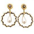 Chanel Earrings Vintage CC Logo Gold Plated Faux Pearl Black Cles Diss