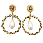 Chanel Earrings Vintage CC Logo Gold Plated Faux Pearl Black Cles Diss